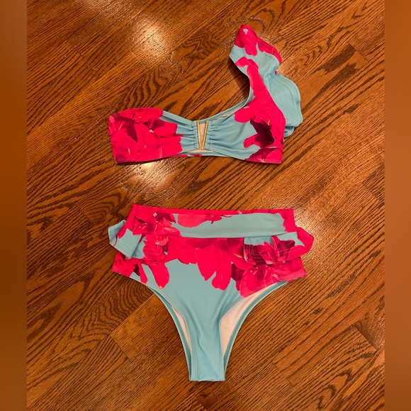 Flaxmaker Swim one shoulder ruffle bikini sz S - Picture 3 of 4